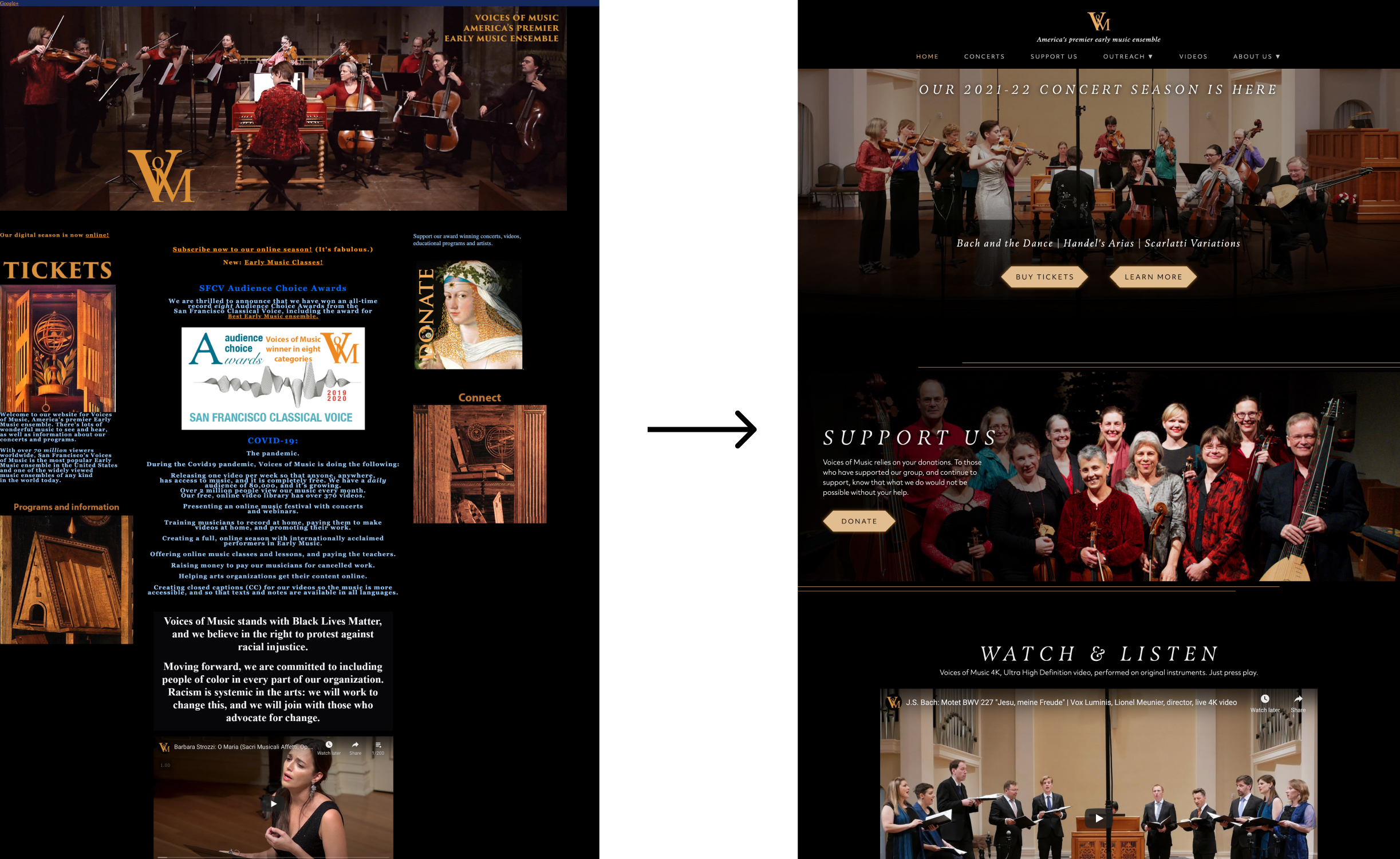 Before and after of the Voices of Music website